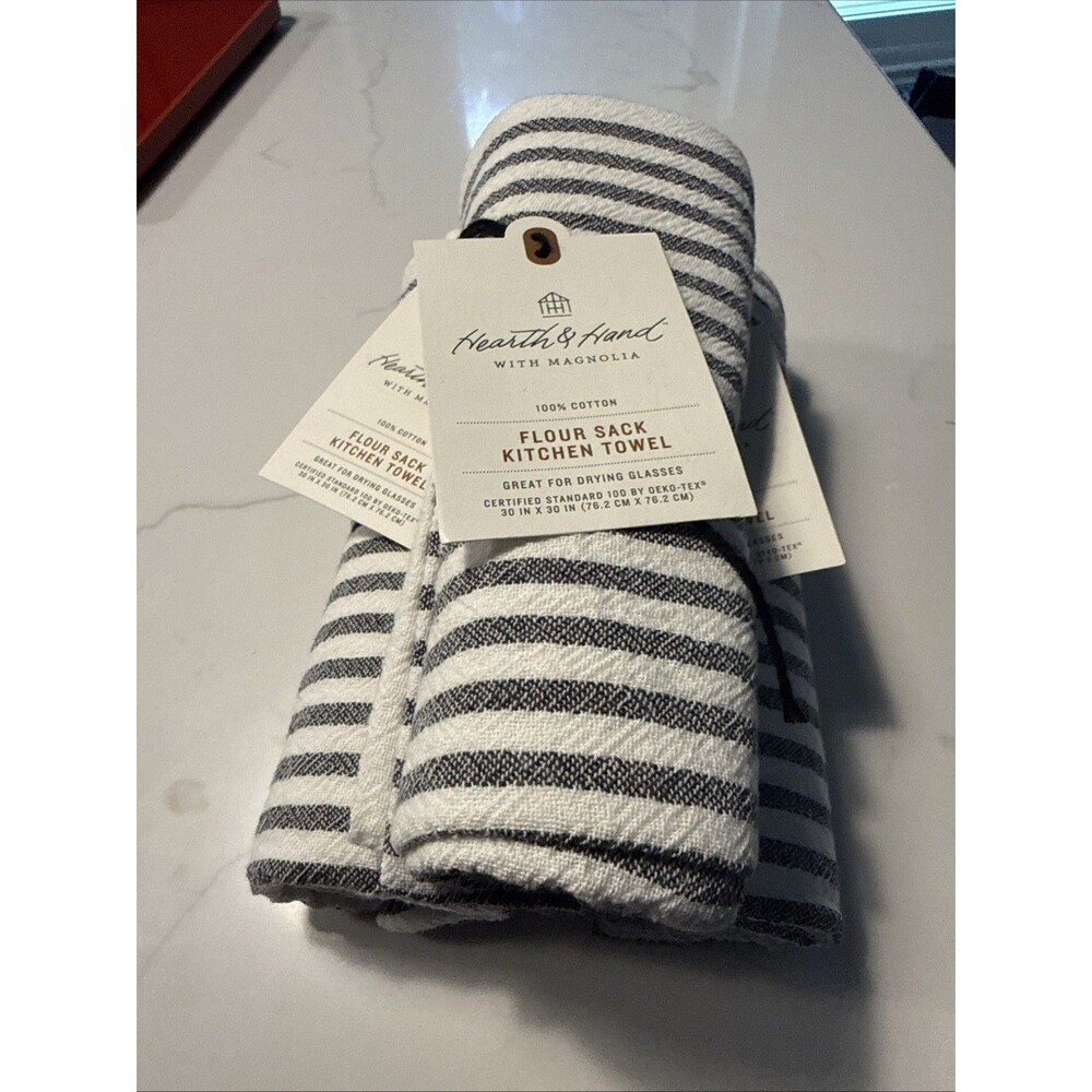 x3 Magnolia Hearth Hand Kitchen Flour Sack Dish Towel Stripe Charcoal Gray ⬜️
